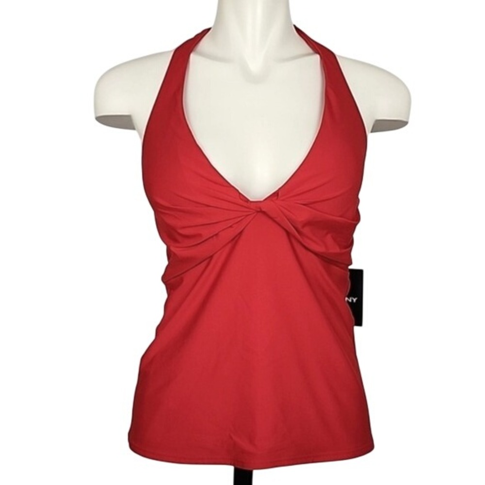 NWT DKNY Women's Halter Tankini Top V Neck Padded Cups Red Medium